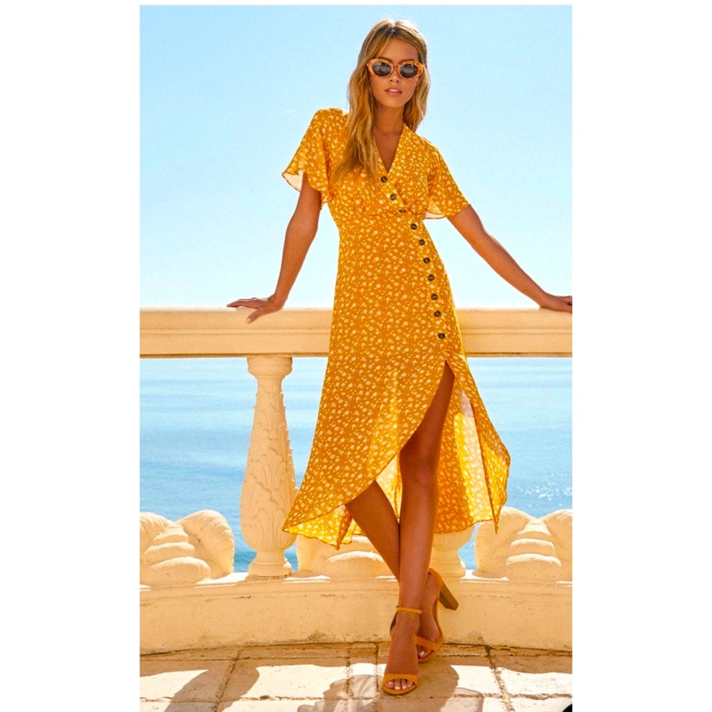 Lulus Golden Yellow Floral Print Midi Dress